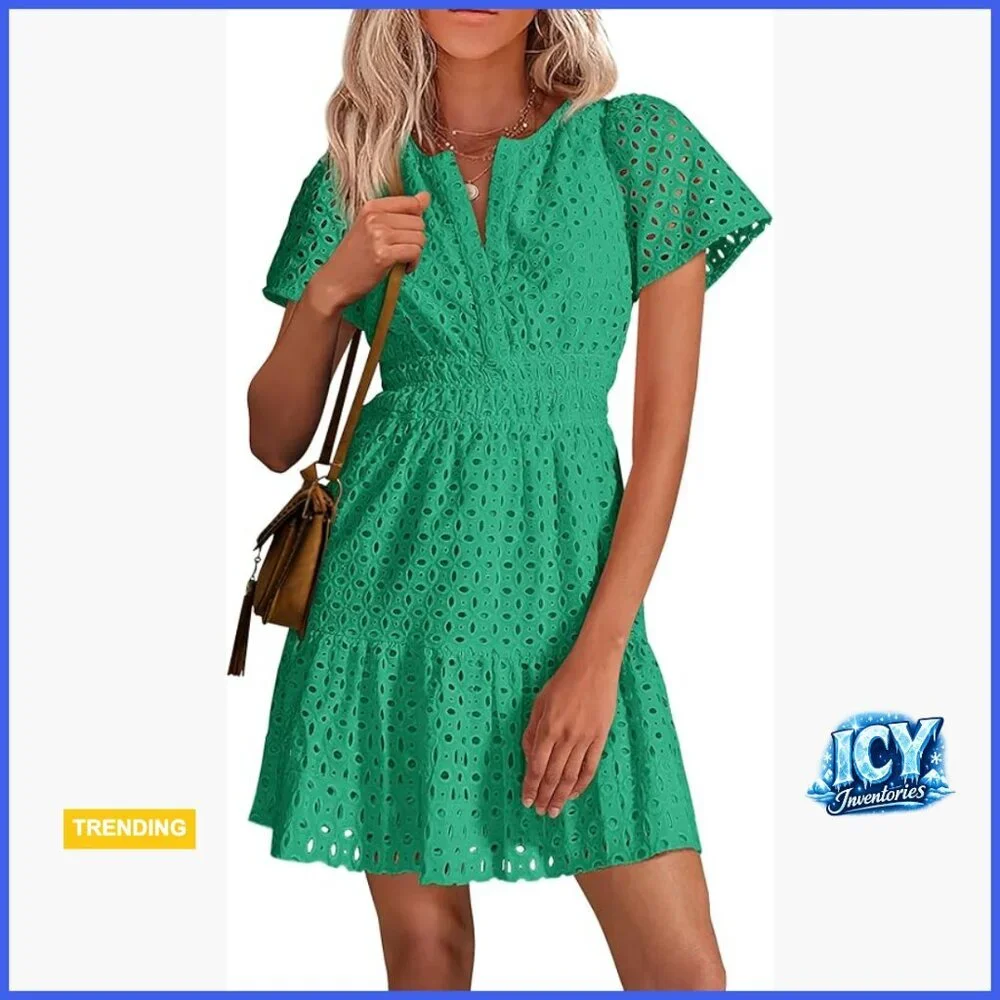 Cotton Hollow Out Lace V-Neck A-Line Mini Dress